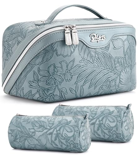 BOYATU Travel Makeup Bags Cosmetic Organizer Bag: Floral Make up Bag | 3 Pcs Set Large Capacity Makeup Bag with Compartments - Waterproof Leather Toiletry Bags with Handle for Women (Blue) - color: 01-Light Blue