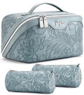 BOYATU Travel Makeup Bags Cosmetic Organizer Bag: Floral Make up Bag | 3 Pcs Set Large Capacity Makeup Bag with Compartments - Waterproof Leather Toiletry Bags with Handle for Women (Blue) - color: 01-Light Blue