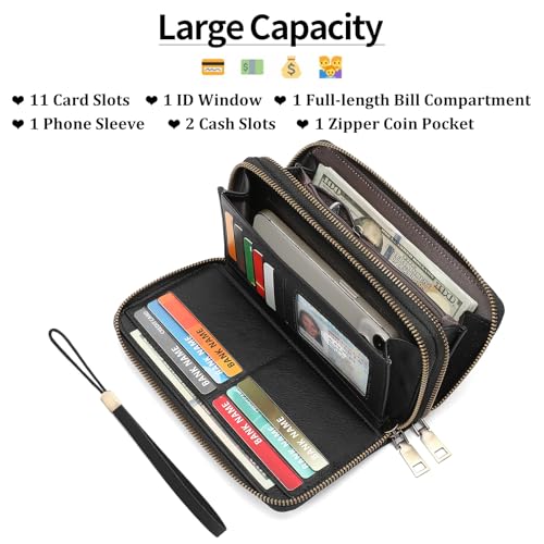 GOIACII Wristlet Wallets for Women 2 Zip Around Ladies Clutch Black | RFID Blocking, Vegan Leather, Large Capacity, Credit Card Holder, Phone Holder Purse - color: Black
