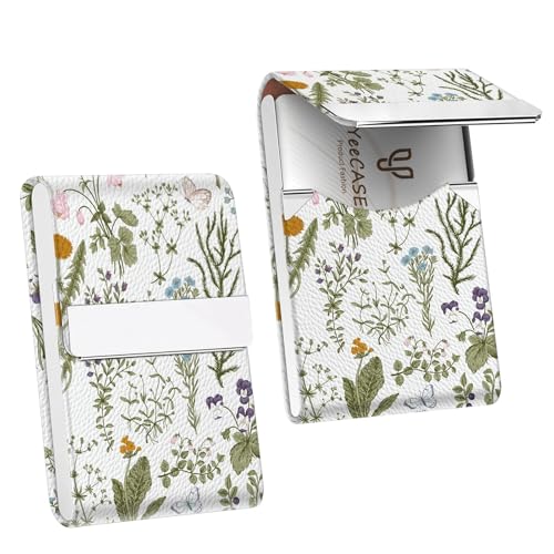 2Pack Leather Stainless Steel Business Card Holder, Metal Slim Business Card Case for Women or Men, Pocket Business Card Carrier with Prints, Magnetic Closure, RFID Blocking - color: Flower-Vintage