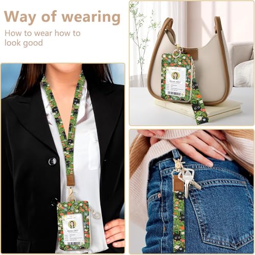 bolimoss Cute 2-in-1 ID Badge Holder & Lanyard Wallet, Black Cat Floral Wallet with Removable Wristlet & Neck Lanyard, Clear Window, 5 Card Slots, 1 Side Zipper Pocket, Ring Keychain - color: Black Cat Flower