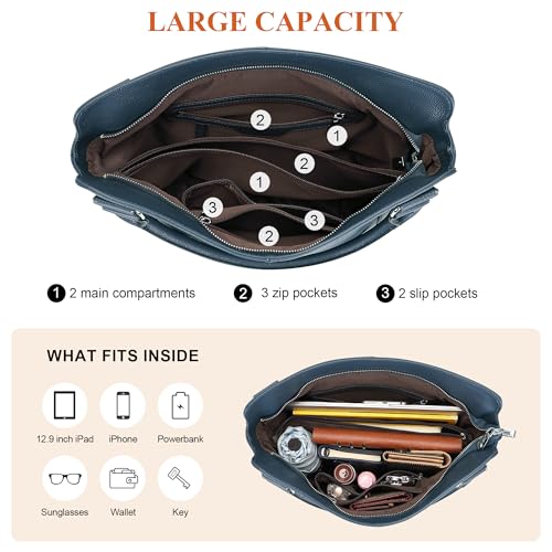 Genuine Leather Pueses for Women Large Hobo Bags Muti Pockets | Crossbody Tote Bags with Top Handles, Key Leash, Adjustable Straps for Shoulder/Handbags/Tote, Daily - color: 02-indigo Blue