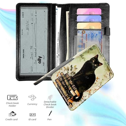 Check Book Cover for Personal Checkbook, Leather Business Checkbooks Plastic Insert Flap Card Holder Pen Hoop Holder with RFID Blocking Slim Wallet for Duplicate Checks Women Men, Book Cat - color: Book Cat