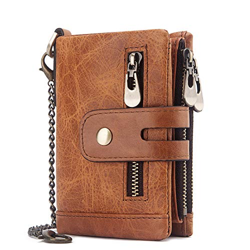 boshiho Genuine Leather Bifold Chain Wallet for Men RFID Blocking - color: Khaki
