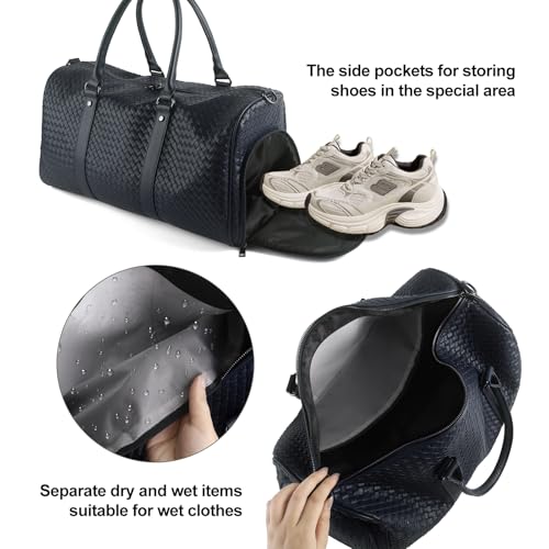Weekender Bags for Women Woven Leather Travel Duffle Bag Gym Tote (Navy) | Carry On Bag for Men with Shoe Compartment Dry and Wet Separation - color: Dark Blue