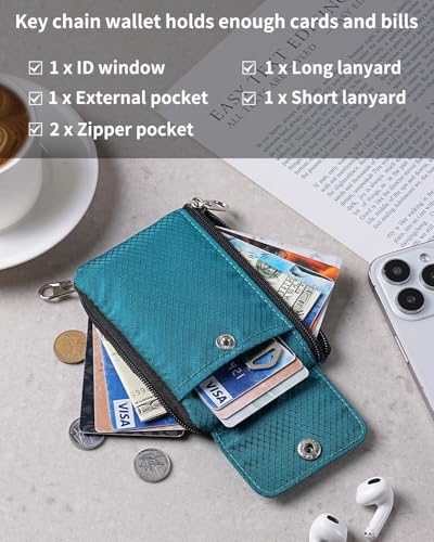 Artpaxy Minimalist Wallet For Mens Womens, Keychain RFID Blocking Zipper Small Wallet with ID Window 2 Lanyards,Water Resistant Travel Cash Card Coin Case Boys Girls - color: Dark green