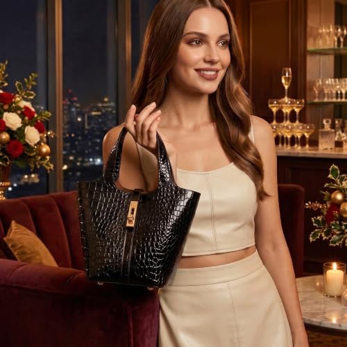 Tote Bag for Women Top Handle Handbag Satchel Bag for Women Vegan Leather Lock Design Bucket Purse for Work Evening - color: A