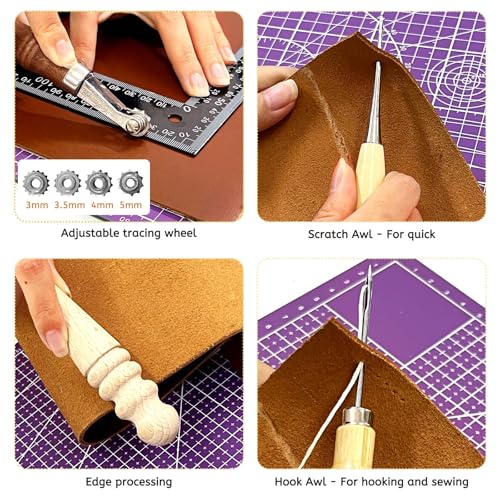 Daily Treasures 73pcs Leather Craft Kits with Portable Handbag, Leather Working Kit with 18 Punch Tool,Tracing Wheel,7 in 1 Groover,Awl,Waxed Thread,Needles,Tools for DIY Polishing Sewing Cutting