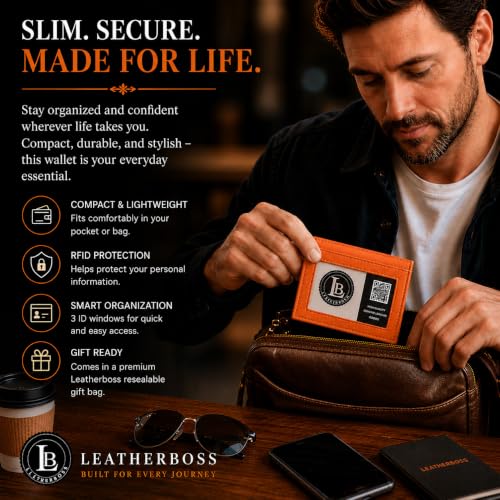LB LEATHERBOSS Slim Thin Leather Credit Card Triple ID Window Mini Wallet Bifold Driver License Safe (Orange) - color: Orange