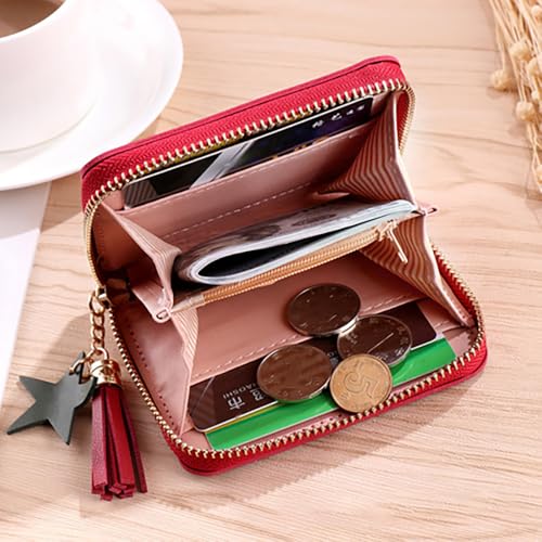 Women's RFID Classic PU Leather Short Wallet with Star Tassel Charm, Multi Card Slots Zipper Coin Pocket, Portable Daily Mini Purse for Cash Cards Lipstick - Black - color: Star Charm-black