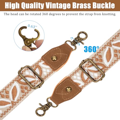 Purse Strap, 1.5" Cowhide Head Wide Shoulder Bag Strap Adjustable Replacement,Jacquard Embroidery Crossbody Bag Straps - color: Brownwhite Leave