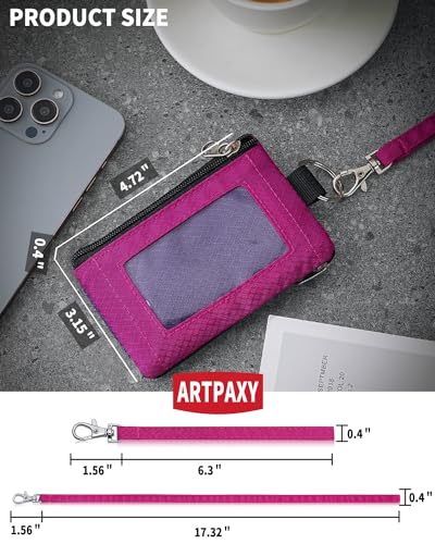 Artpaxy Minimalist Wallet For Mens Womens, Keychain RFID Blocking Zipper Small Wallet with ID Window 2 Lanyards,Water Resistant Travel Cash Card Coin Case Boys Girls - color: Dark purple+Dark pink