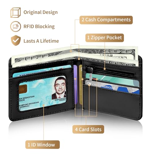 Bistup Teen Boys Cool Wallet - Men Mens Funny Game Design Leather Credit Id Card Cash Holder Man Black Rfid Blocking Zipper Wallets With Coin Pocket Id Window Aesthetic Teen Boy Male Youth Guys - color: Doodle Game