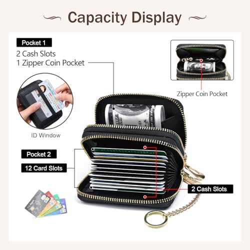 imeetu Rfid Credit Card Holder, Businese Card Case, Wallet for Women Men | Genuine Leather Card Wallet with id Window, Keychain & Double Zipper, Water-resistan Small Wallet with Gift Box, Daily Travel - color: Max - Black