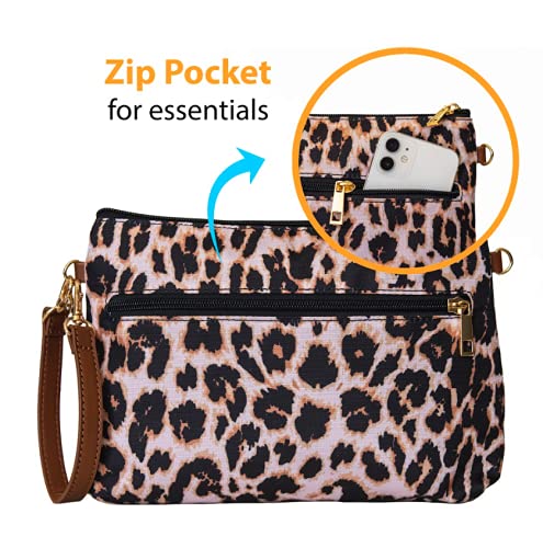 Bumco Portable Diaper Clutch Bag with Built-In Baby Wipes Dispenser | Airtight refillable wet wipes dispenser container. Portable travel wristlet pouch strap for quick cleanups on the go. - color: Leopard