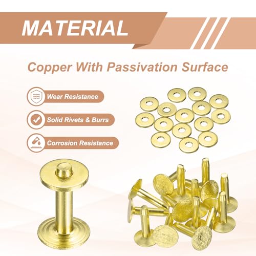 HARFINGTON 15Set Brass Rivets and Burrs Washers 10x3.3x14mm Dimpled Finish Solid Leather Rivet Fastener Studs Posts for Leather DIY Craft Belts Wallets Collars, Gold Yellow - color: Gold Yellow, size: 10x3.3x14mm