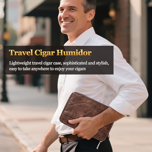 Cigar Humidor, Leather Travel Cigar Case, Portable Cigar Box with Cigar Draw Enhancer and Multifunction Cigar Cutter, Cigar Accessories Gift Set (Brown) - color: Brown