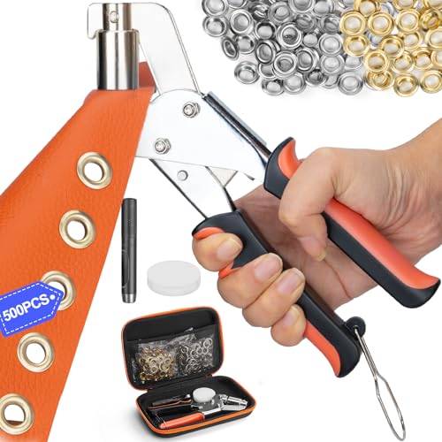 Heavy Duty Grommet Tool Kit, Handheld 3/8 inch Eyelet Kit Manual Grommet Press Machine with 500 pcs Grommets, Eyelet Grommet Kit with Carrying Case for Tarp, Fabric & Leather - Black