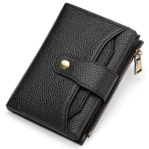 GAEKEAO Small Wallets Woman RFID Blocking Leather Bifold Card Holder Wallets with Zipper Pocket Removable ID Window - color: D04-Black