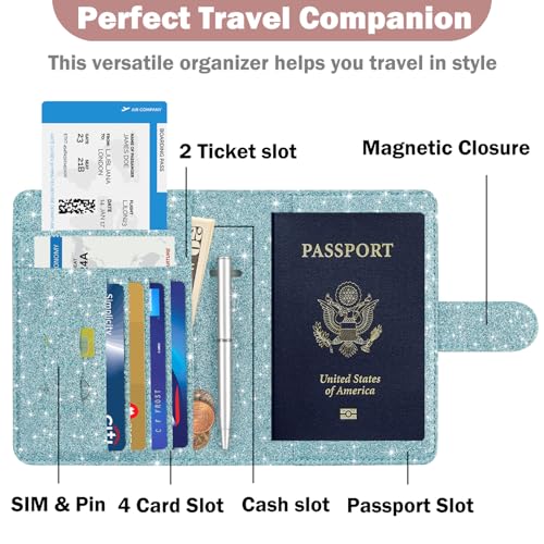 HOTCOOL Passport Holder Travel Essentials Airplane & Cruise Essentials Ship Leather Wallet Cover Case RFID Blocking Women & Men Vacation Travel Accessories Gifts Deals, Glitter - Blue - color: B Glitter Blue