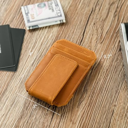 Crazy Horse Leather Money Clip Wallet with Holder Compatible with Air Tag.(Light Brown) - color: Light Brown