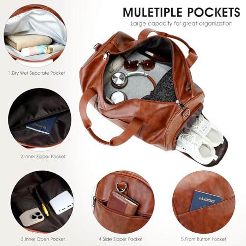3PCS Faux Leather Weekender Bag for Women Men Travel Bag Overnight Bags | Leather Travel Duffel Bags for Traveling with Shoe Compartment Toiletry Packing Cube Carry On Tote Bag Men Fit 21.5" Laptop - color: Dark Brown