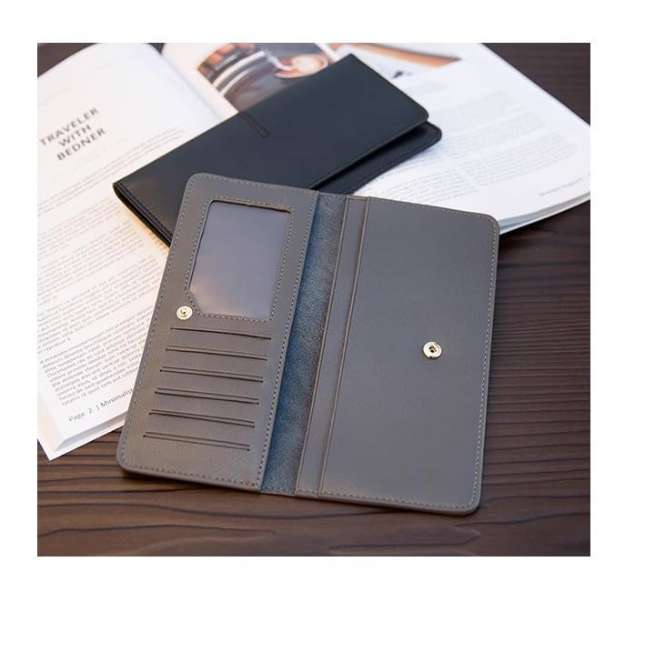Long Slim Leather Wallet, Ultra Thin Soft Card Holder with Snap Closure, Minimalist Bifold Wallet for Men and Women (Grey) - color: Grey