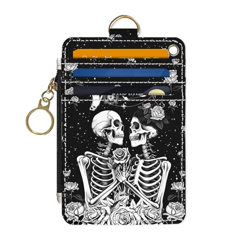 Slim Wallet Credit Card Holder, Skeletons and Flowers, RFID Wallet Women Cute Small Front Pocket Wallet With Zipper, PU Leather Thin travel RFID Blocking Card Case ID Window,Ladies Gifts - color: Skeletons and Flowers