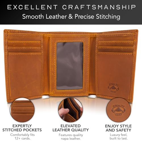 Stealth Mode Trifold RFID Blocking Leather Wallet for Men (Beige) | Top Grain Napa Leather, 9 Card Slots, ID Window, Gift Box – Gift for Dad, Husband, or Son - color: Beige