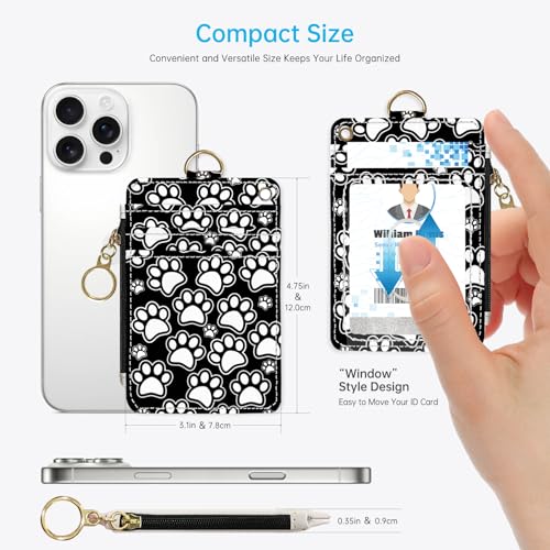 Black and White Dog Paws 2-in-1 ID Badge Holder & Lanyard Wallet for Teachers,Nurse,Professionals-Cute Zippered Coin Pouch,Removable Wristlet & Neck Lanyard,5 Card Slots Stylish Work Essential - color: Black and White Dog Paws