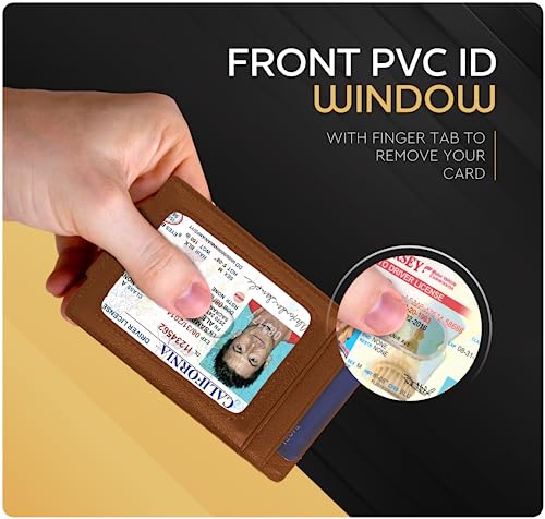 Claasico Men’s Leather Money Clip Wallet – Slim Front Pocket Wallet w/Super Strong Magnetic Clip, RFID Blocking, 5 Card Slots & Center Pocket + ID Window - color: Tan