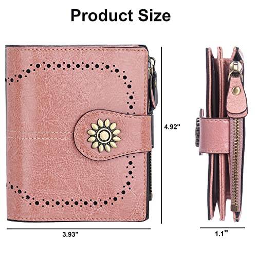 Womens Leather Wallet Small Compact RFID Blocking Credit Card Case Purse with Zipper Pocket | Small - color: Dark Pink