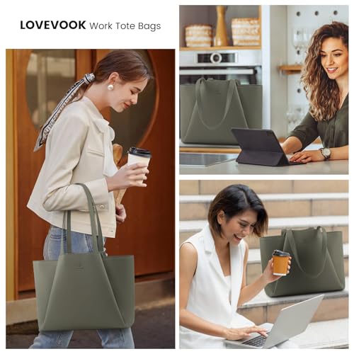 LOVEVOOK Laptop Tote for Women - 15.6 Inch Faux Leather Laptop Bag with Clutch, Large Capacity Office Purse Computer - color: Dark Green, size: 15.6 inch