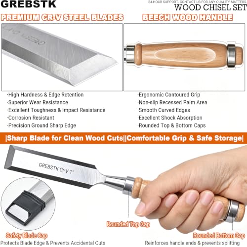 GREBSTK 4 Piece Wood Chisel Set CR-V Steel Sharp Bevel Edge for Woodworking | Chromium Vanadium, High Hardness & Durability. Ergonomic Beech Handle. 1/4“, 1/2”, 3/4“, 1" with Covers for Carving & DIY.
