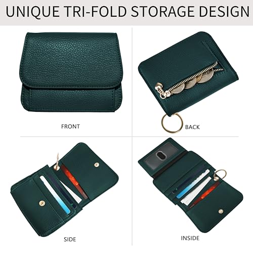 Keychain Wallet for Women,RFID Wristlet Wallet with Beaded Strap | Tri-Fold Design,6 Card Slots,ID Window,Zipper Coin Pocket,Lightweight Carry - color: Dark Green