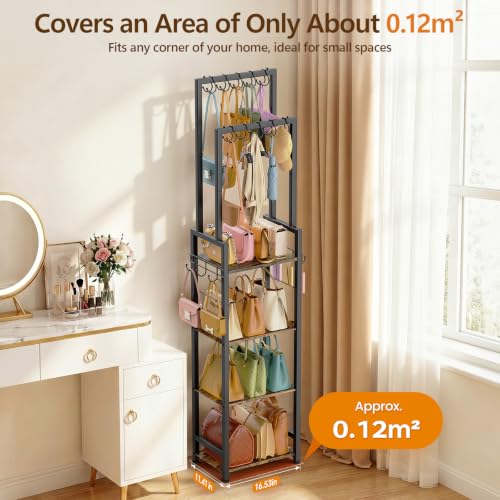 Tall Purse Organizer for Closet: 4-Tier Double Rods Purse Rack Stand,Black | Purse Rack Stand with 10 Purse Hanger & 6 Side Hooks,Space-Saving Bag Organizer Rack for Home, Closet, Small Space,Black - color: Black, size: 4 Tier
