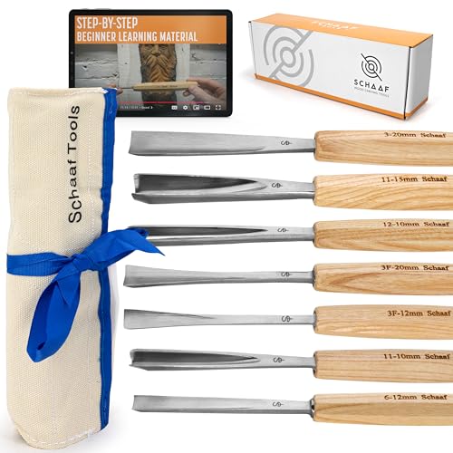 7-pc Wood Chisel Set with Gouges, Hand Sharpened | Professionally sharpened carving chisels for beginners, sculpture and relief carving, ergonomic handles, tutorials included - color: Professionally Sharpened 7 Piece Set