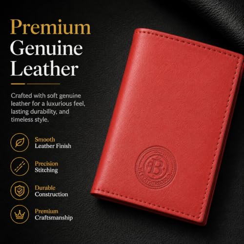 LB LEATHERBOSS Slim Thin Leather Credit Card Triple ID Window Mini Wallet Bifold Driver License Safe (Red) - color: Red