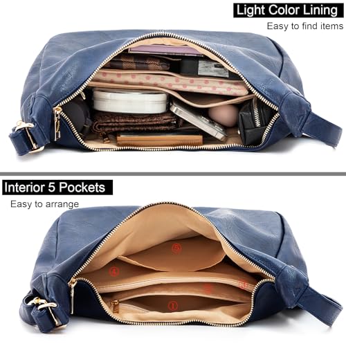 Hobo Bags for Women Foldable Shoulder Handbag CrossBody Purse | Adjustable Strap, 6 organized pockets, Crescent Tote Bag, Cute Slouchy Underarm Bag, Fits 12.9" iPad Pro - color: Dark Blue