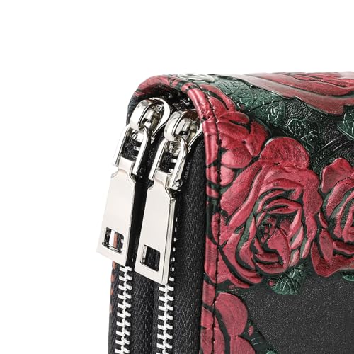 GOIACII Women's Wallet RFID Blocking Leather Wristlet | 2 Zip Around, Large Capacity, Credit Card Holder, Ladies Phone Clutch Purse - color: B03 Red Rose