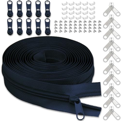 #5 Nylon Zipper Tape for Sewing: YZSFIRM 10 Yards Navy Blue by The Yard Nylon Coil Zippers for DIY Sewing Craft with 10 Bulk Metal Zipper Slider and 10 Double Slider - color: 330 Navy Blue, size: #5 Zipper