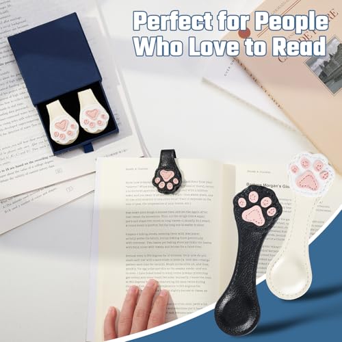 Ovesmusl 2Pcs PU Leather Paw Magnetic Bookmarks with Pen Holder | White and black set with double-sided magnets, gift box included, for books, notebooks, magazines, readers and teachers - style: Paw (White+Black)