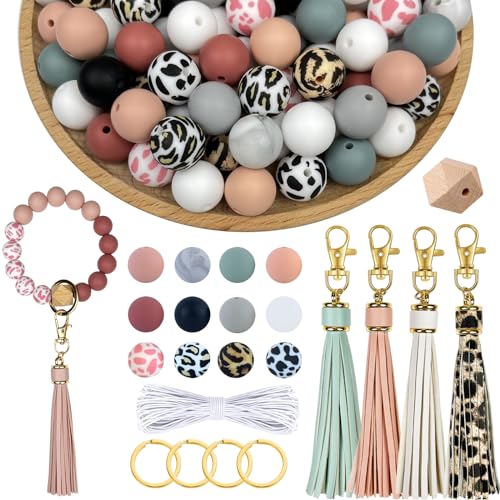 IESCOO 100pcs Silicone Beads for Keychain Making,15mm Rubber Beads kit for Keychain Bracelet Lanyards Pens with Key Rings and Tassels