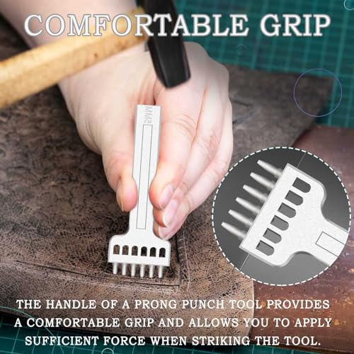 JONMON Prong Punch Tool Set - 5mm Leather Row Round Hole Tooth Punch Tool, 2/4/6 Prong Tooth Circular Cut Lacing Stitching Chisel DIY Leathercraft Punching Accessories Kits for Leather Craft Supplies