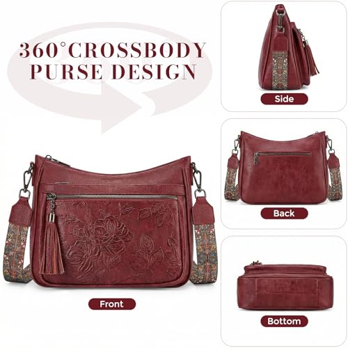 Crossbody Bags for Women, Medium Vegan Leather Purses | Large Capacity Multi-Pocket Embossed Shoulder Bag with Boho Strap for Daily Travel - color: Red