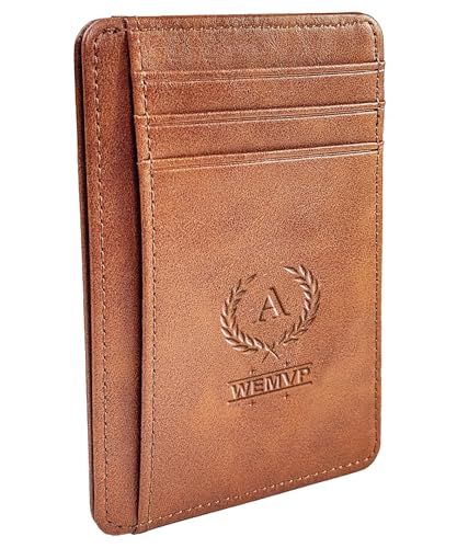 Personalized Initial Card Wallet - Deep 3D Embossed Floral Leather Slim RFID Blocking Holder, Ultra-Thin 0.77cm Custom Monogram Gift for Men & Women (A,Retro Brown) - color: Retro Brown