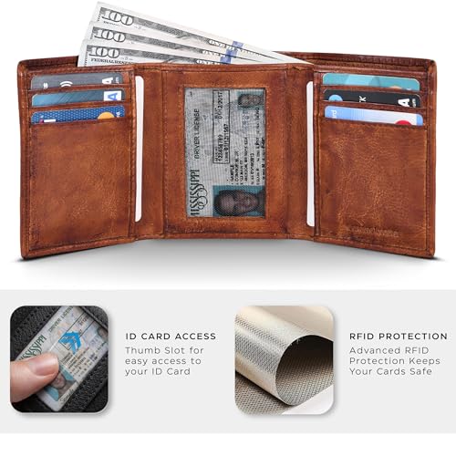 Trifold Leather Wallet for Men - RFID Slim Minimalist Front Pocket 6 Slots - color: Wash Tan