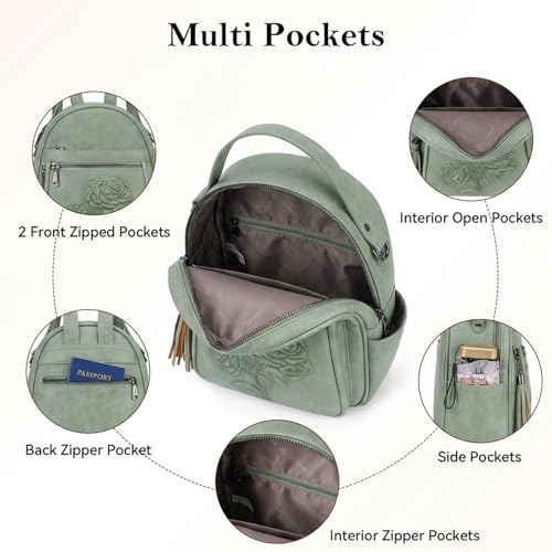 Mini Backpack Purse for Women,Vegan Leather Small Backpack for Daily | Embossed Lightweight Water-Resistance Travel Mini Fashion Daypack Bag,Ladies Casual Backpack Purse Gift Choice for Women - color: Green-flower