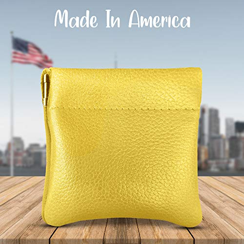 Genuine Leather Squeeze Coin Purse, Coin Pouch Made IN U.S.A. Change Holder For Men/Woman Size 3.5 X 3.5 (Yellow) - color: Yellow