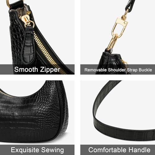 KKXIU Small Shoulder Bag for Women Mini Clutch Purses Cute Hobo Handbags | Classic Trendy Retro Underarm Crossbody Bag with Detachable Straps, Vegan Leather, Zipper Closure - color: S-black